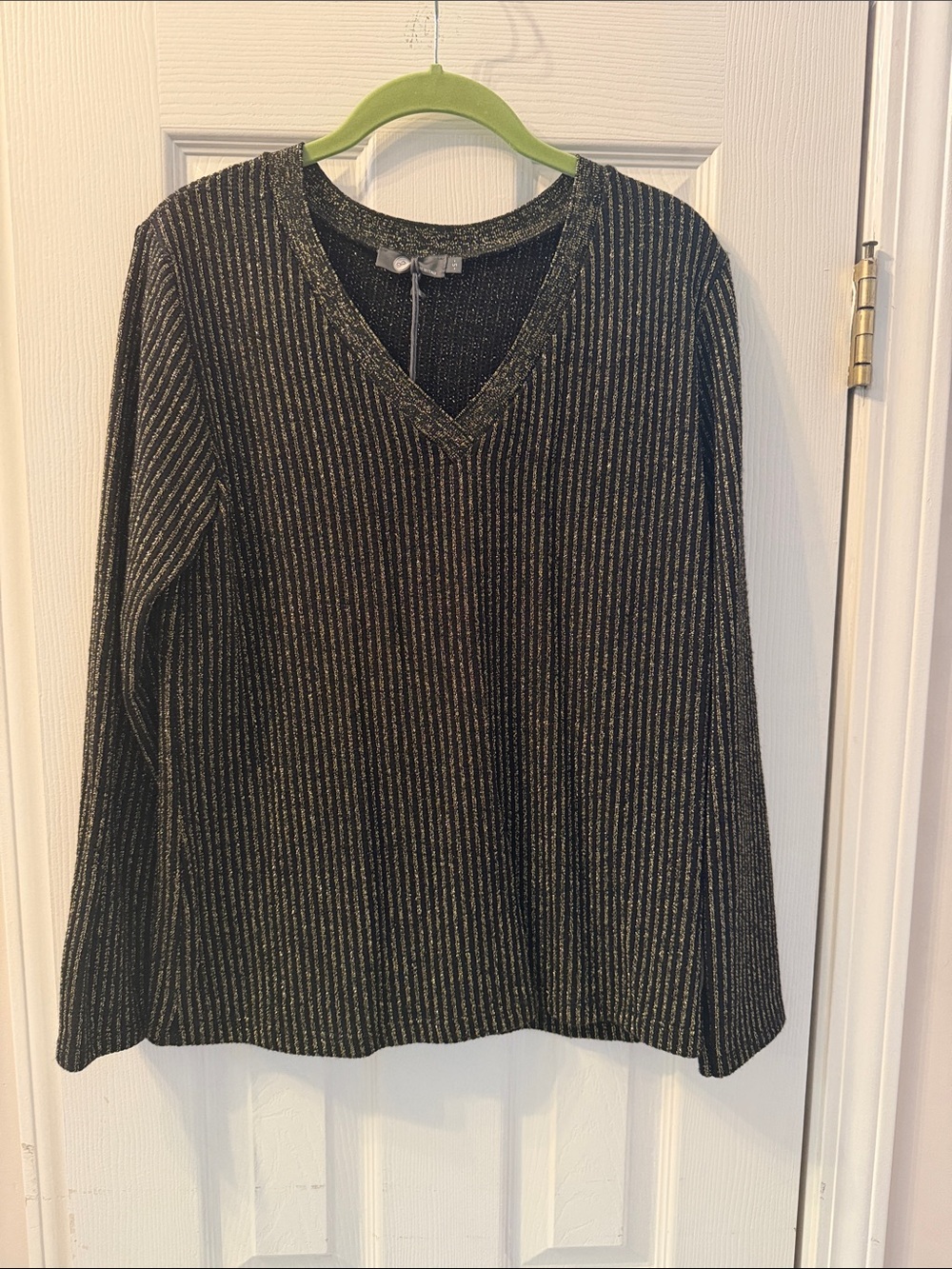 Women's Black V-Neck Sweater with Metallic Pinstripes